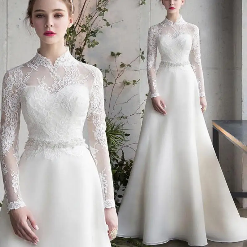 Vestidos De Novia De línea A con encaje, manga larga, satén, hasta el suelo, elegante, cuello alto, bata Simple De Marie