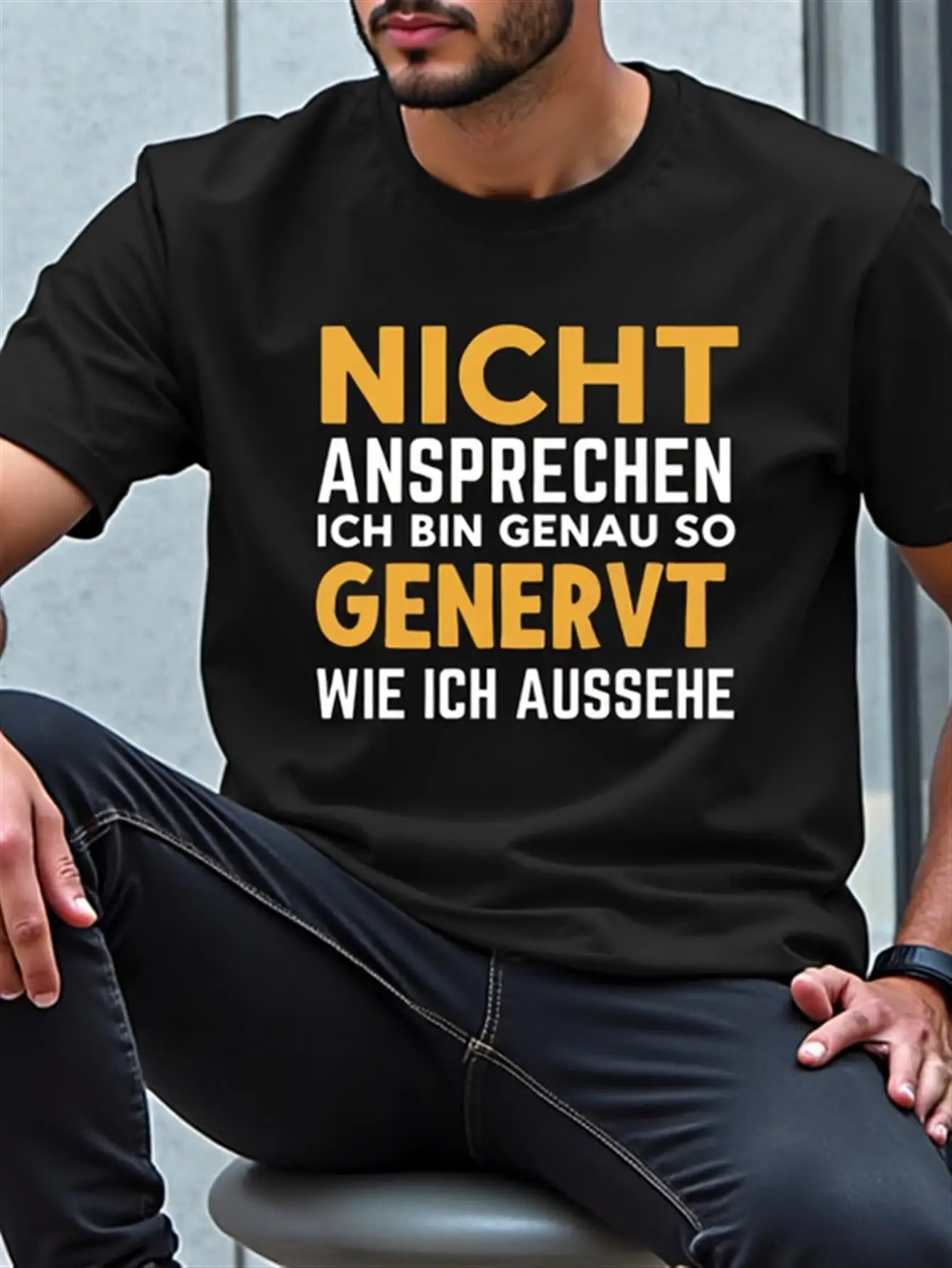 

Men's Casual Black T-Shirt with a Bold German Slogan Print, Comfortable Fit, Easy Care, Short Sleeves, Crew Neck, Geometric Design, Perfect for Casual Wear or as a Holiday Gift, Everyday T-Shirt, Powerful Slogan Shirt, Heat Transfer Printing