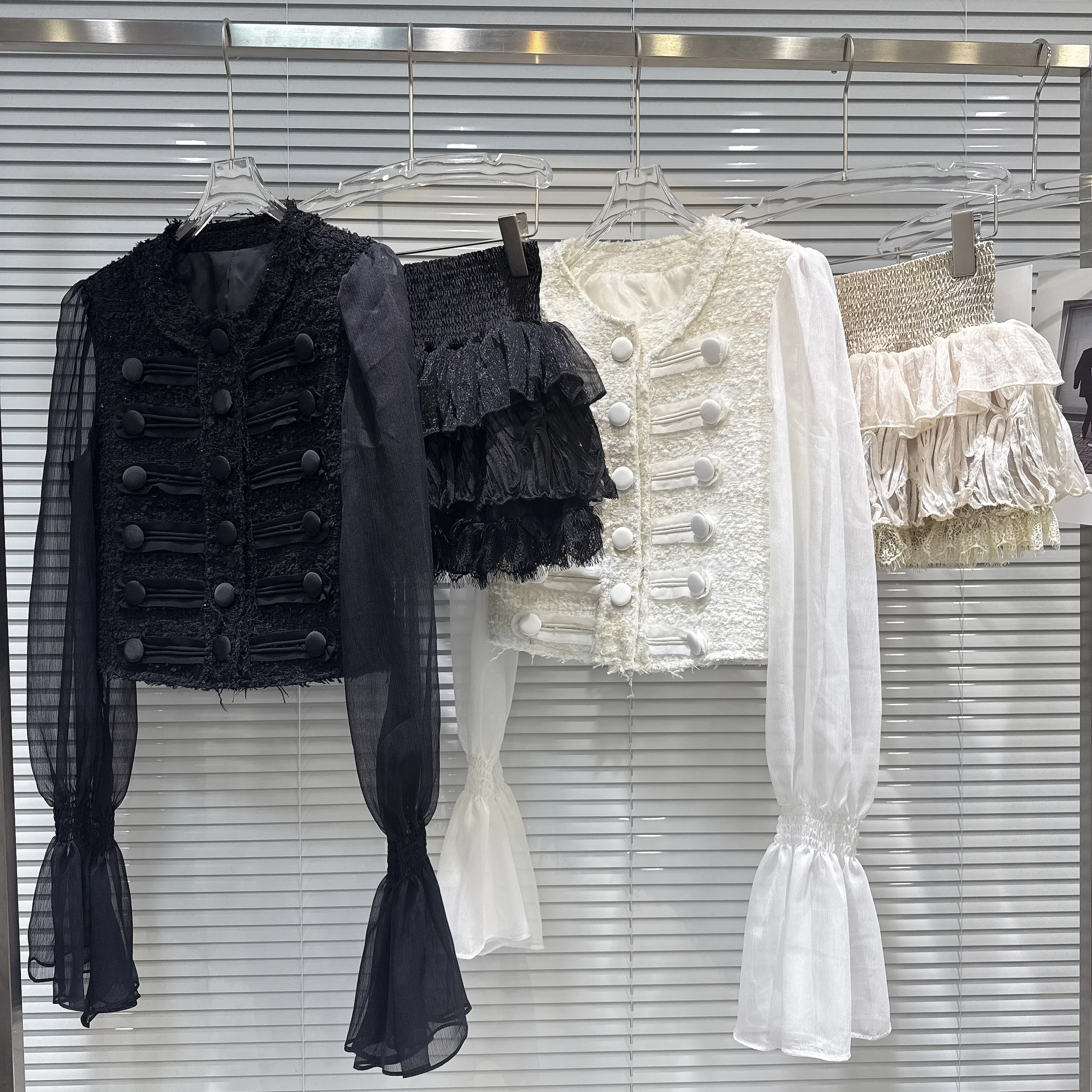 2025年秋新作 高級ツイードメッシュスリーブショートジャケットトップ、メッシュレイヤードスカート、女性用セット、別売り