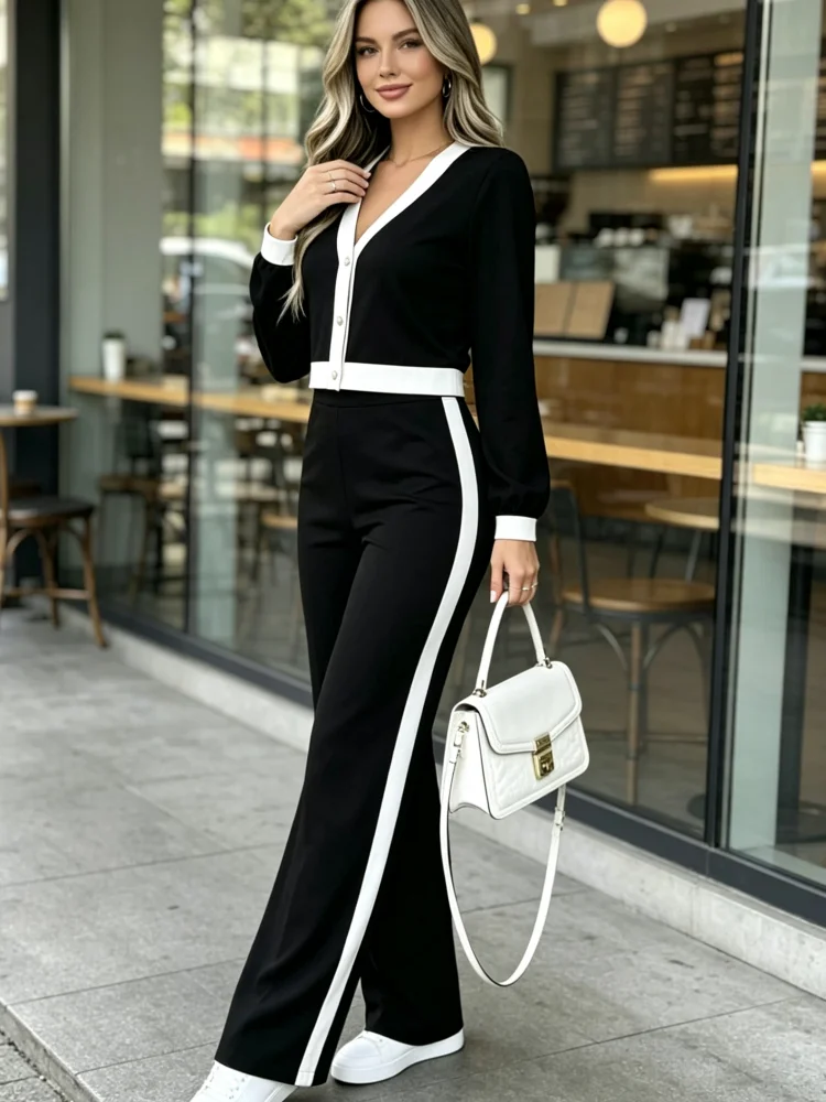 2-teiliges Outfit für Damen, Kontrastbesatz, V-Ausschnitt, Knopfleiste, Langarm-Oberteil, seitlich gestreifte Hose mit weitem Bein, lässiger Büro-Anzug – Detail 1