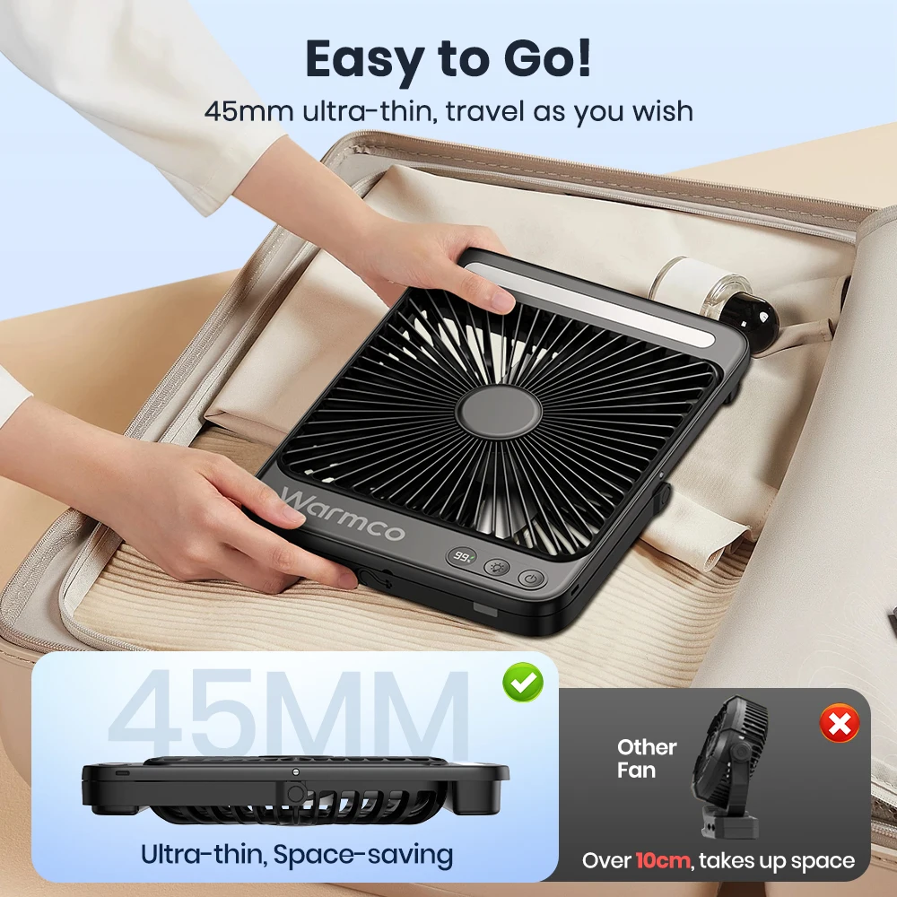 Warmco D4 Portable Desk Fan 20000mAh Rechargeable Camping Fan & LED Light 48Hrs Runtime 8" Silent Personal Fan Digital Display image 5