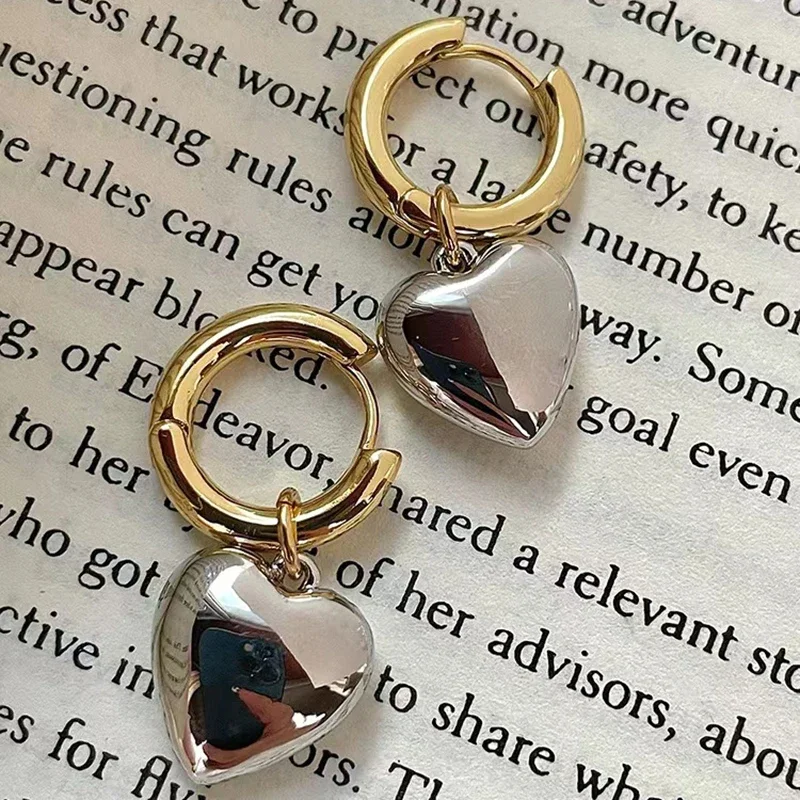 Gold Silver Color Mixed Solid Heart Dangle Earrings For Women Minimalist Removable Drop Earrings Personality Jewelry Accessories