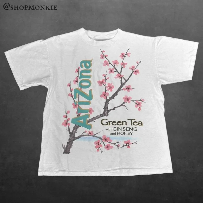 Arizona Green Tea Pattern T-shirt Retro Y2K Cherry Blossom T-shirt Men's T-shirt Harajuku Unisex Trendy Y2K Aesthetic T-shirt