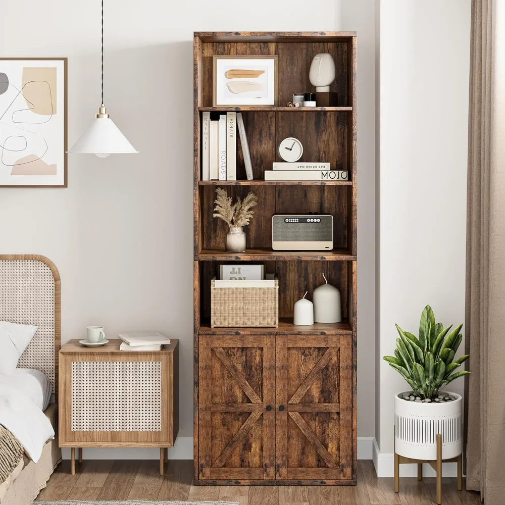 Industrial Style Farmhouse Wooden Bookcase with Doors, 11.8 inches Deep and 71.4 inches Tall Display Storage Shelves