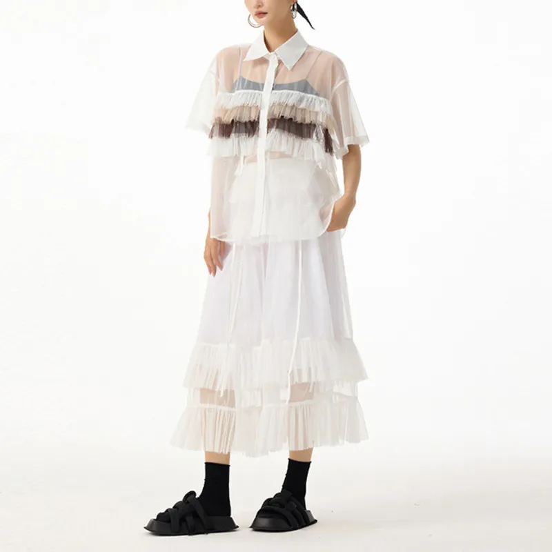 HKSH Women Sexy Sheer Shirt Patchwork Multi-layer Ruffled Mesh Short Sleeves Single Breasted Versatile Trendy Top Summer HK22172