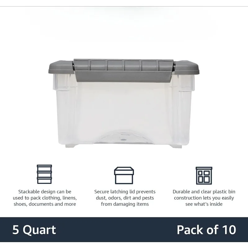 5 Quart Stackable Plastic Storage Bins with Latching Lids- Clear/ Grey- Pack of 10