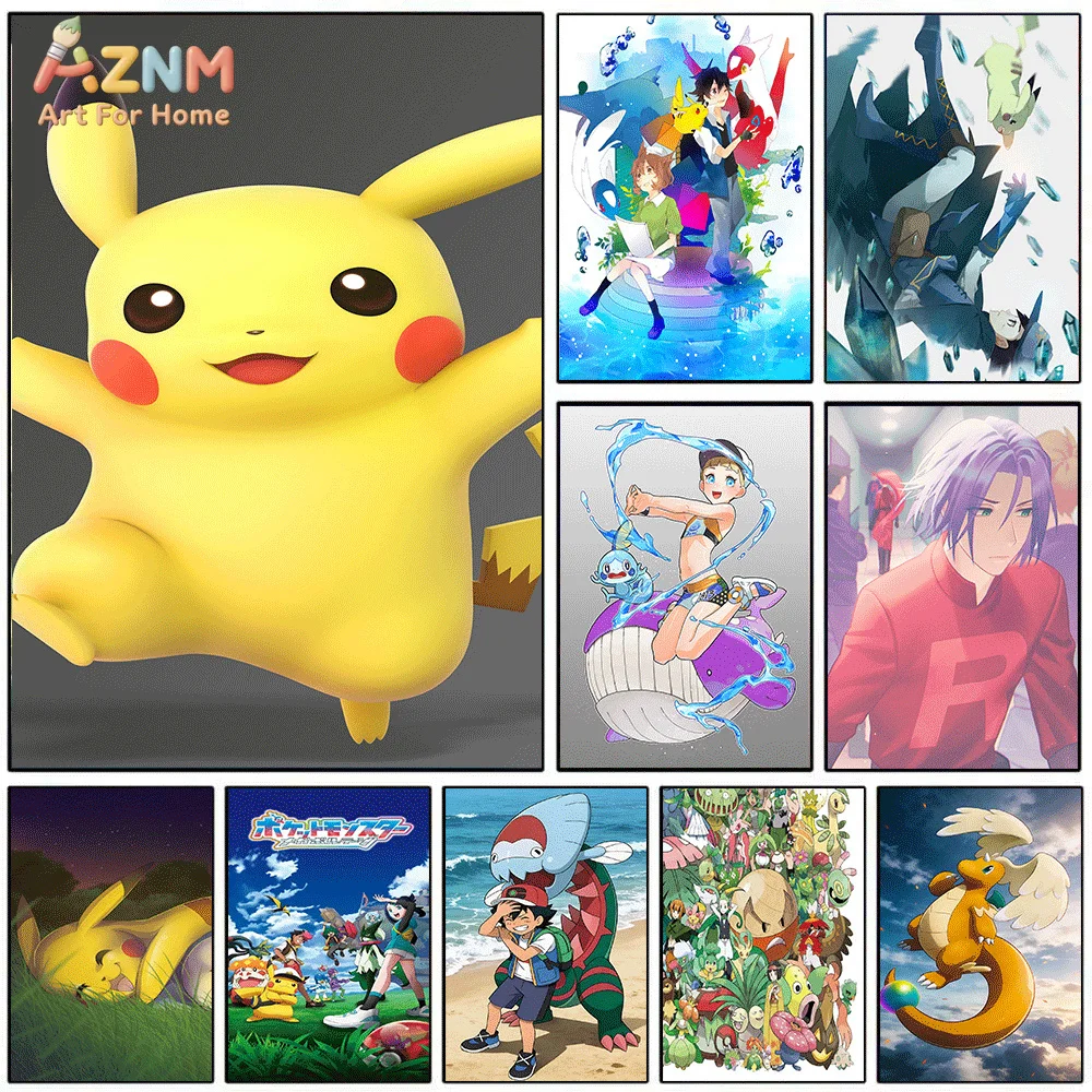 Póster de Lona 3D de Anime Pokémon AZNM, Pikachu, Ash, James, Misty, Charizard, Feraligatr, Múltiples Personajes de Pocket Monster, Impresión Artística sin Marco