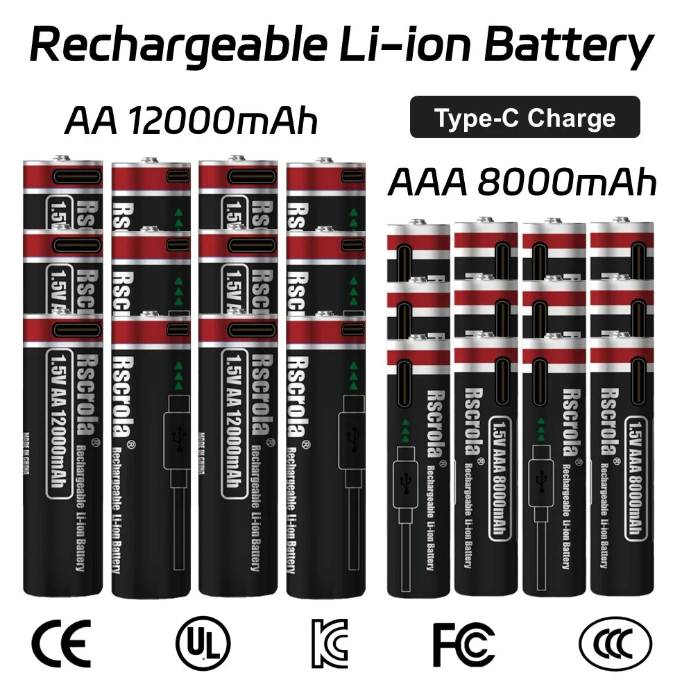بطارية AA قابلة للشحن تدوم طويلاً وبطارية AAA قابلة لإعادة الشحن 12000 مللي أمبير في الساعة 8000 مللي أمبير في الساعة 1.5 فولت بطاريات ليثيوم أيون مع كابل TypeC #1