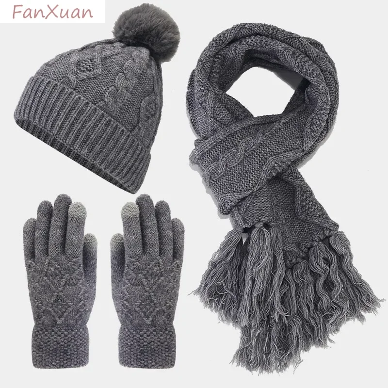 3pcs Winter Set Women Beanies Long Scarf Gloves Fur Pompom Winter Hats Thick Fleece-lined Twist Knit Scarf Fringe Solid Color