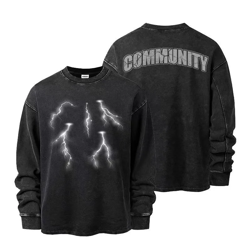 

Lightning Letter Printed Vintage Washed Hoodie for Men American Fashion Brand Loose Round Neck Top Couples Cotton Fashion Unisex