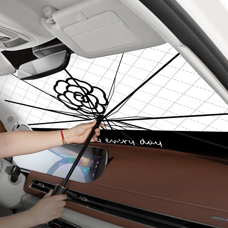 

Car Sunshade Umbrella Creative Cartoon Summer Front Windshield Cover Camellia Sun Protection For Front Window Curtain Sun Shades