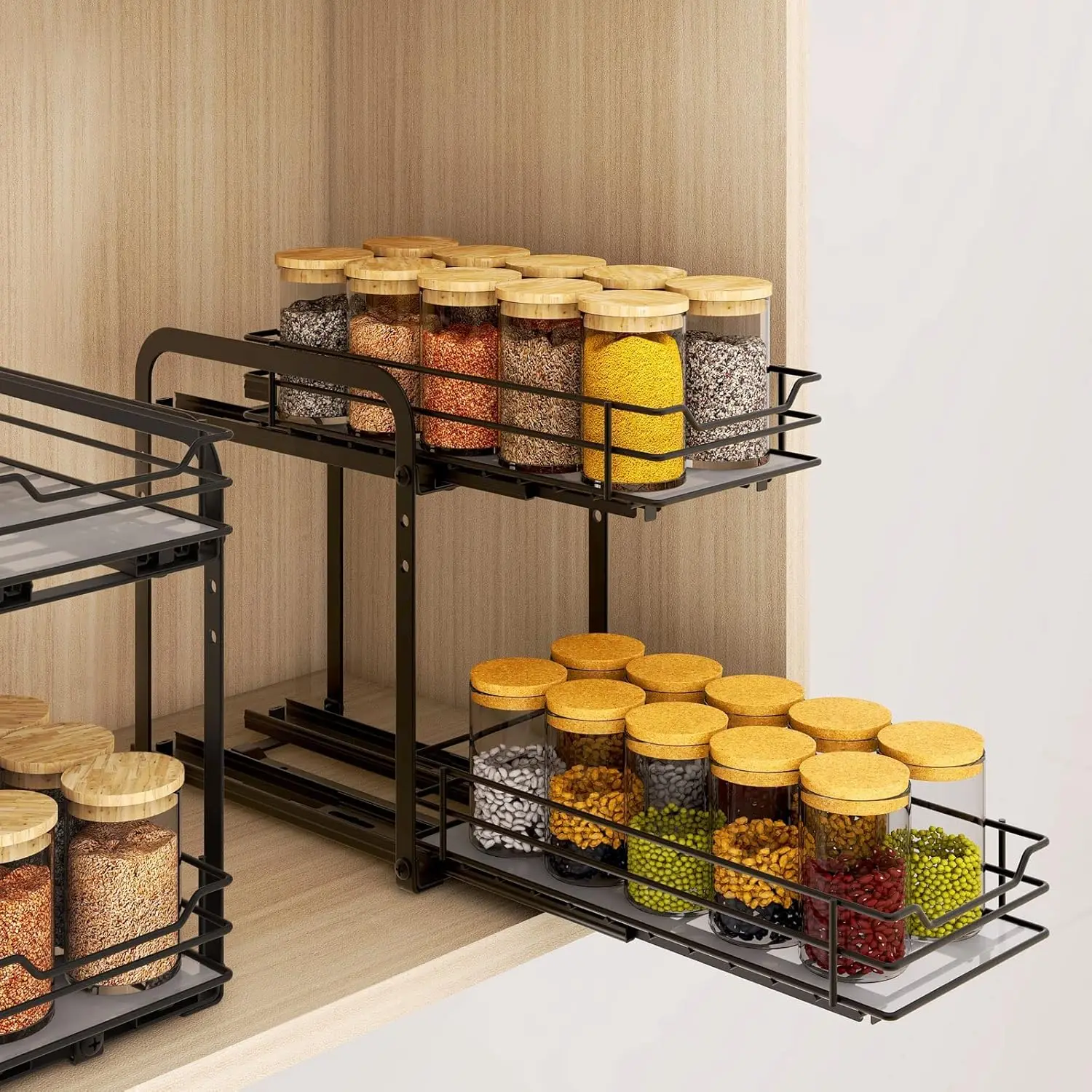 

Spice Rack Organizer for Cabinet, 2 Tier Pull Out Spice Organizer for Cabinet Height Adjustable Heavy Duty Metal Basket for I
