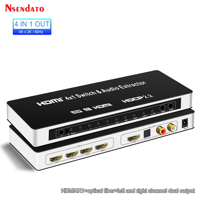 

HDMI Switch Switcher 4x1 HDMI Audio Extractor 4 in 1 out 4K 60Hz 3D ARC SPDIF RCA L/R HDMI Switch With Romote For PS4 Apple TV