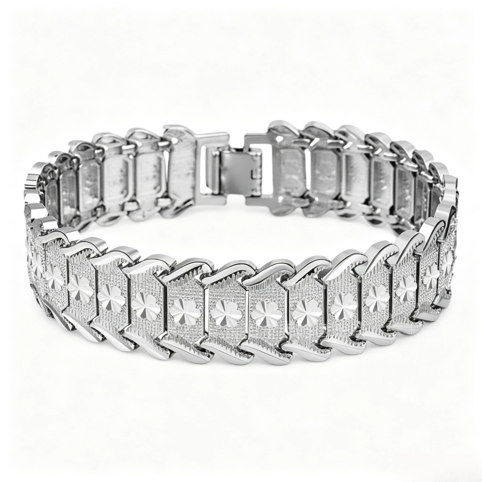 Stainless Steel Embossed Flower Link Bracelet Silver Plated Textured Chain Wristband Vintage Fashion Jewelry for Women