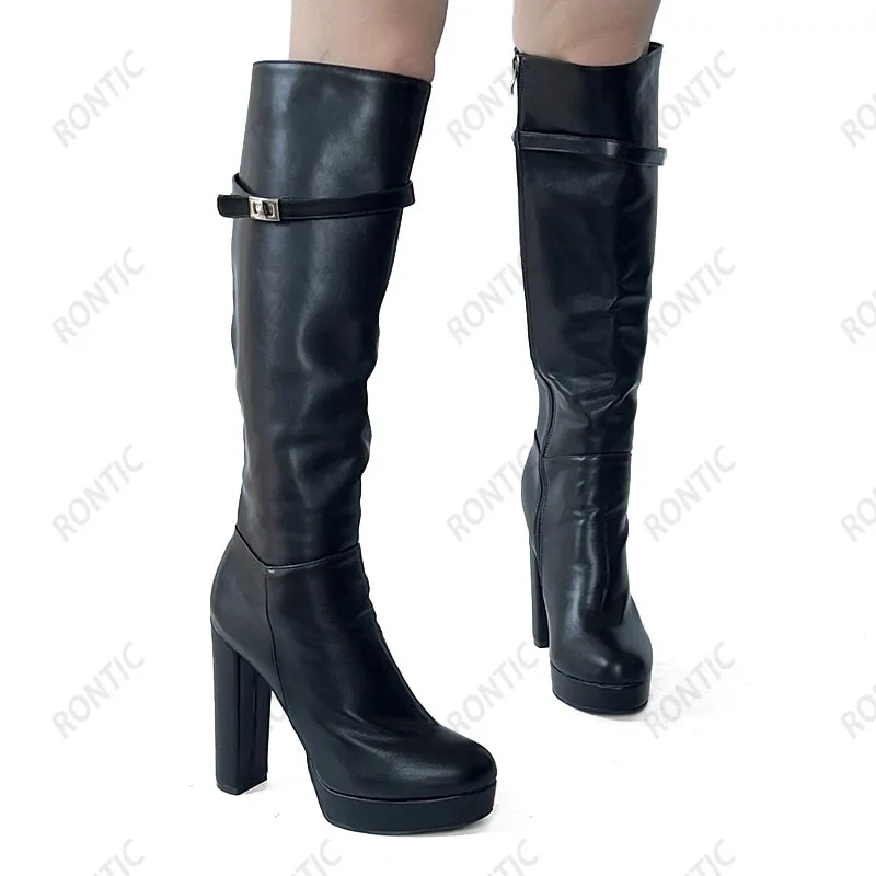 Rontic New Arrival Women Winter Knee Boots Stiffi Faux Leather Chunky Heeled Round Toe Elegant Black Casual Shoes US Size 5-20