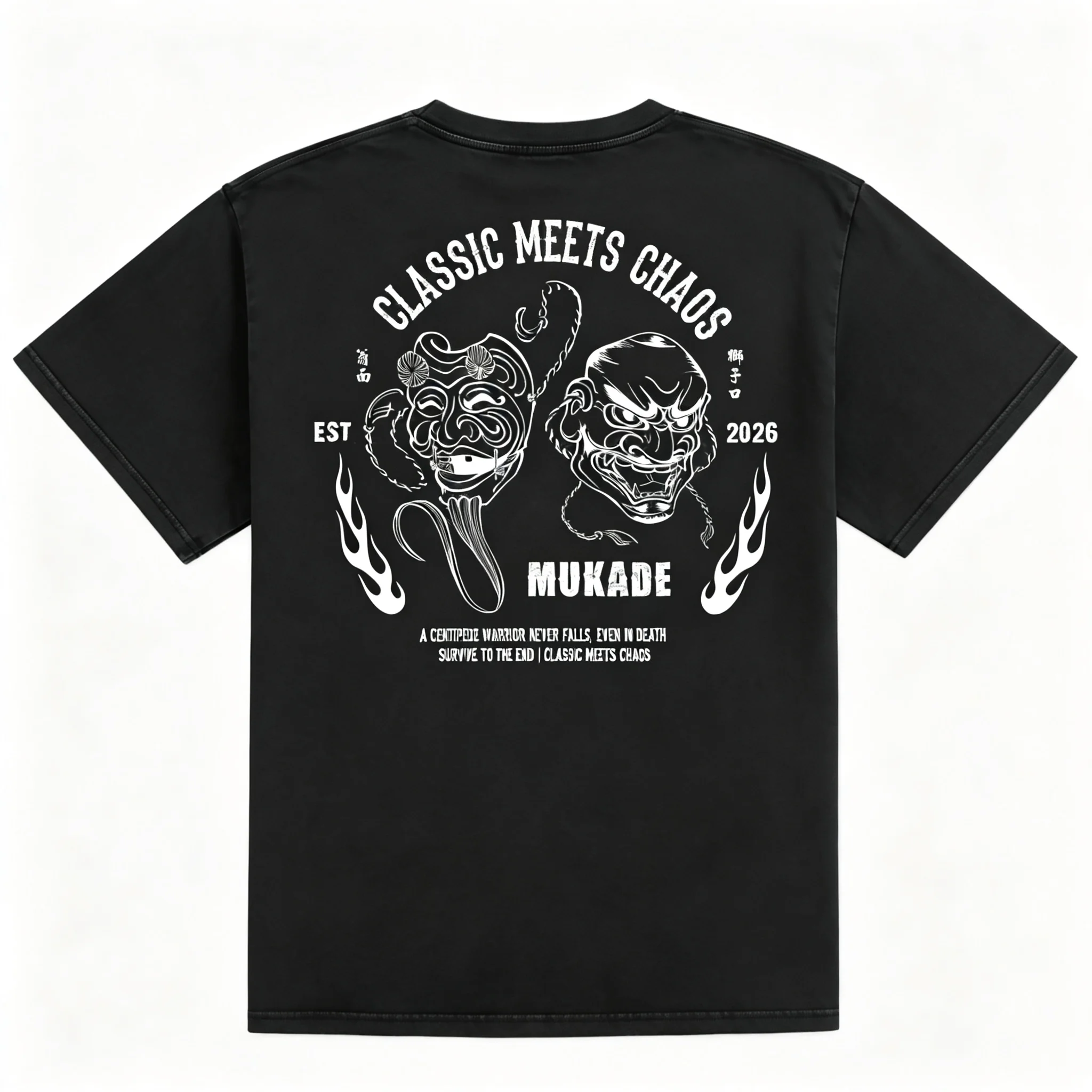 Parent‑Child Matching Oversize T‑Shirt Japanese Oni Mask Flame Retro Font Back Print Oriental Streetwear Cotton Tee Tops