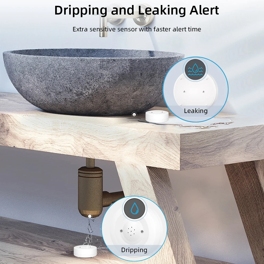 ONENUO Tuya Zigbee Water Leak Sensor Flood Leakage Detector with Sound Alarm 80dB and IP55 WaterProof Sensor Remote Monitor