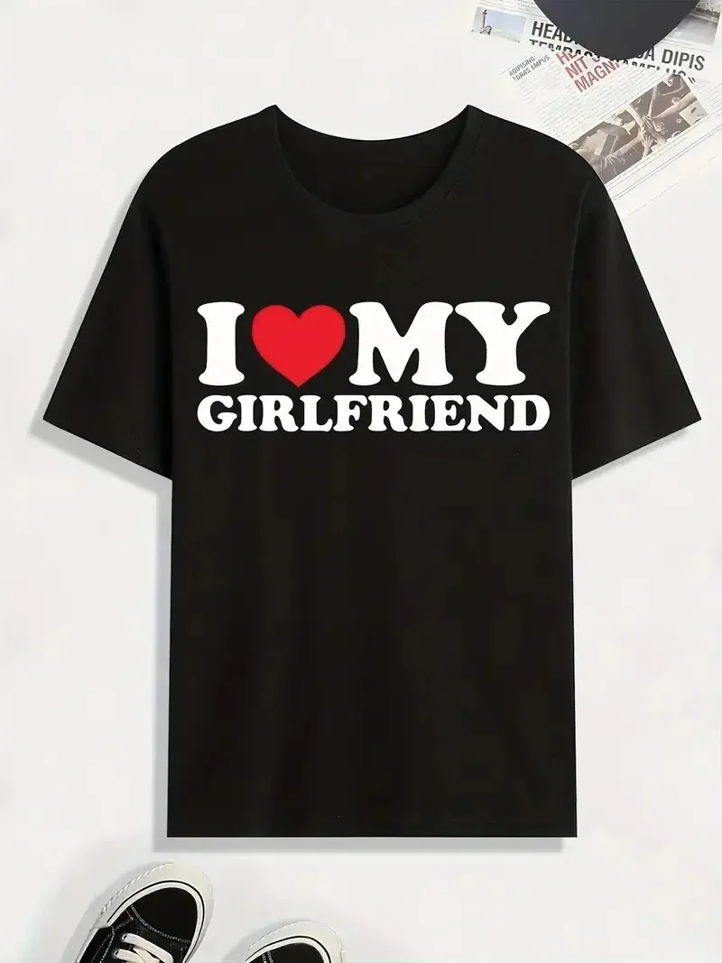 Casual Short Sleeve Tshirt For Summer Spring Fall, Tops As Gifts 'I Love My Girlfriend' Print T Shirt, Tees For Men,