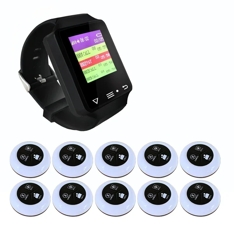 Restaurant Cafe Hotel Room Service Call System Smart Wireless Wrist Watch Pager Receiver With 10 Call Buttons