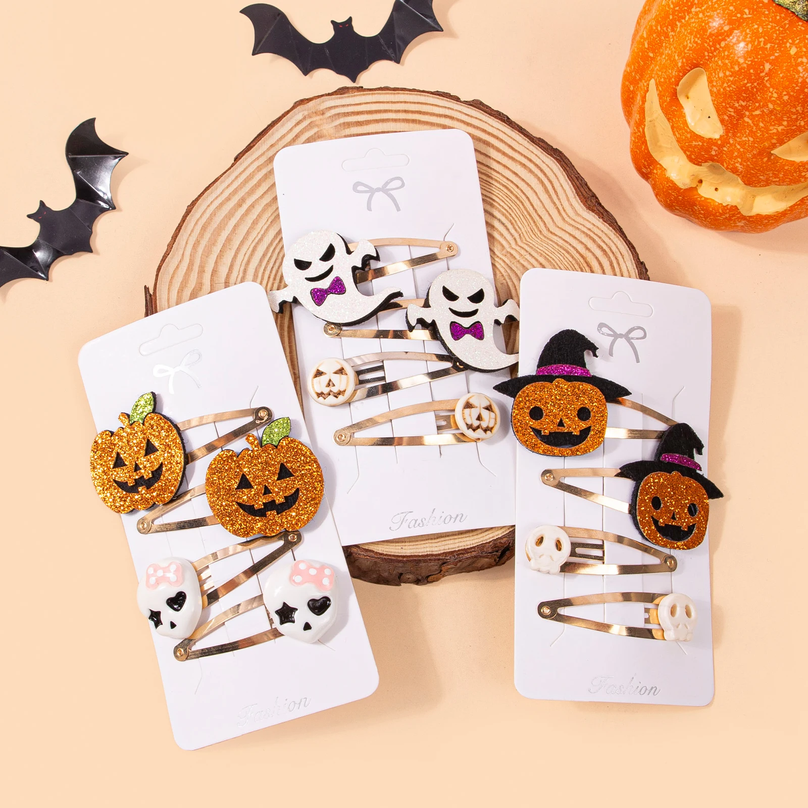 1 set, Halloween Sparkling Hair Clip Set, Pumpkin Ghost Head Bone Bat Pattern Felt BB Hair Clip.