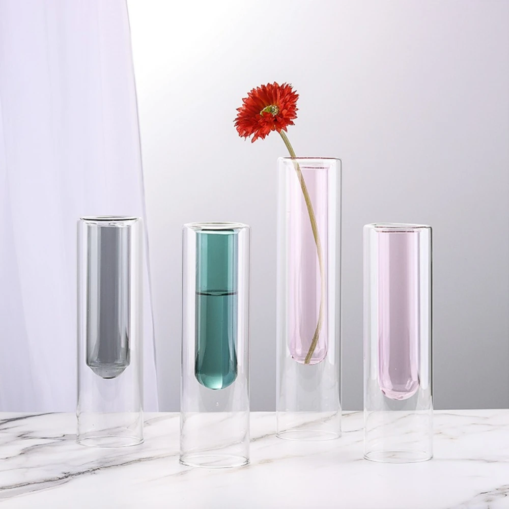 Minimalist Double Layer Glass Vase Creative Transparent Hydroponic Flowerpot Flower Vase Home Desk Office Decoration
