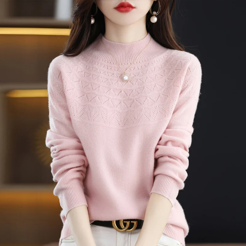 2022 Autumn/Winter New Seamless One-line Ready-to-wear Women's Pullover 100% Wool Half Turtleneck UpperBody Hollow Sweater