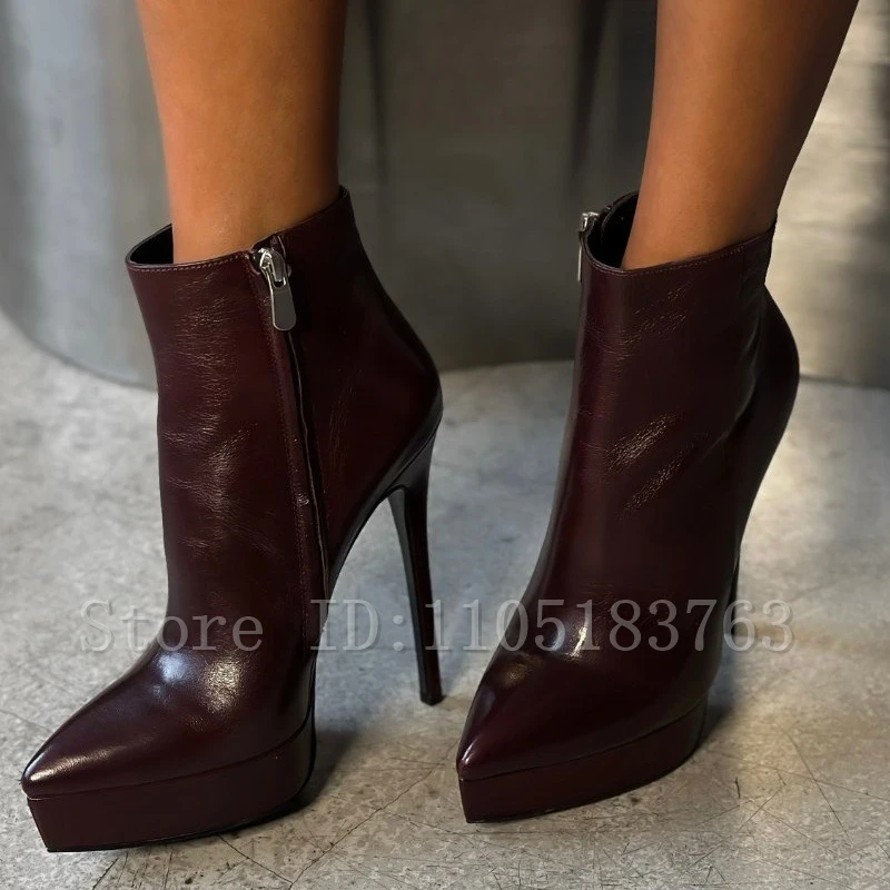 

Pointed Toe Platform Women Ankle Boots Solid Color Pu Leather Size Zipper Short Boots New Fashion Thin High Heels Shoes