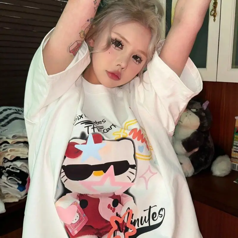 

New Style Japanese Hello Kittys Short Sleeved T Shirt Cartoon Cotton Girl Student Summer Oversize Loose Versatile Short Sleeved