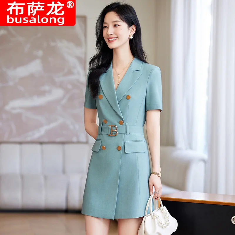 

2025НовинкаЖенское платье с воротником, с коротким рукавом, однотонное, элегантное профессиональное платье, рабочая одежда, модный женский сгусток для похудения