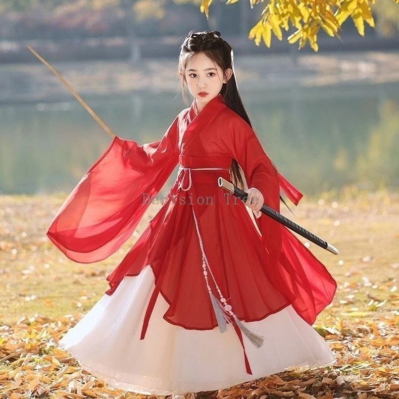 Hanfu rouge chinois ancien à grande manche, ensemble de danse traditionnelle féerique, pour la performance des enfants, nouvelle collection, 303, 2024