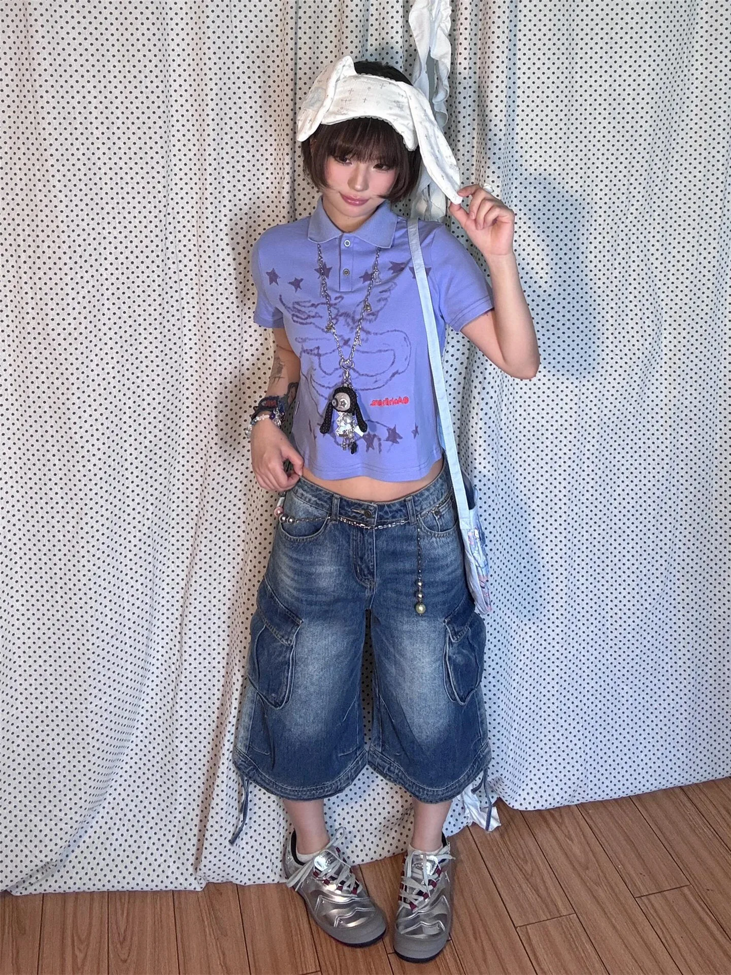 

American Retro Millennium Spicy Girl Workwear Low Waist Denim Shorts Women Summer Loose Slimming Multi Pocket Seven Pants