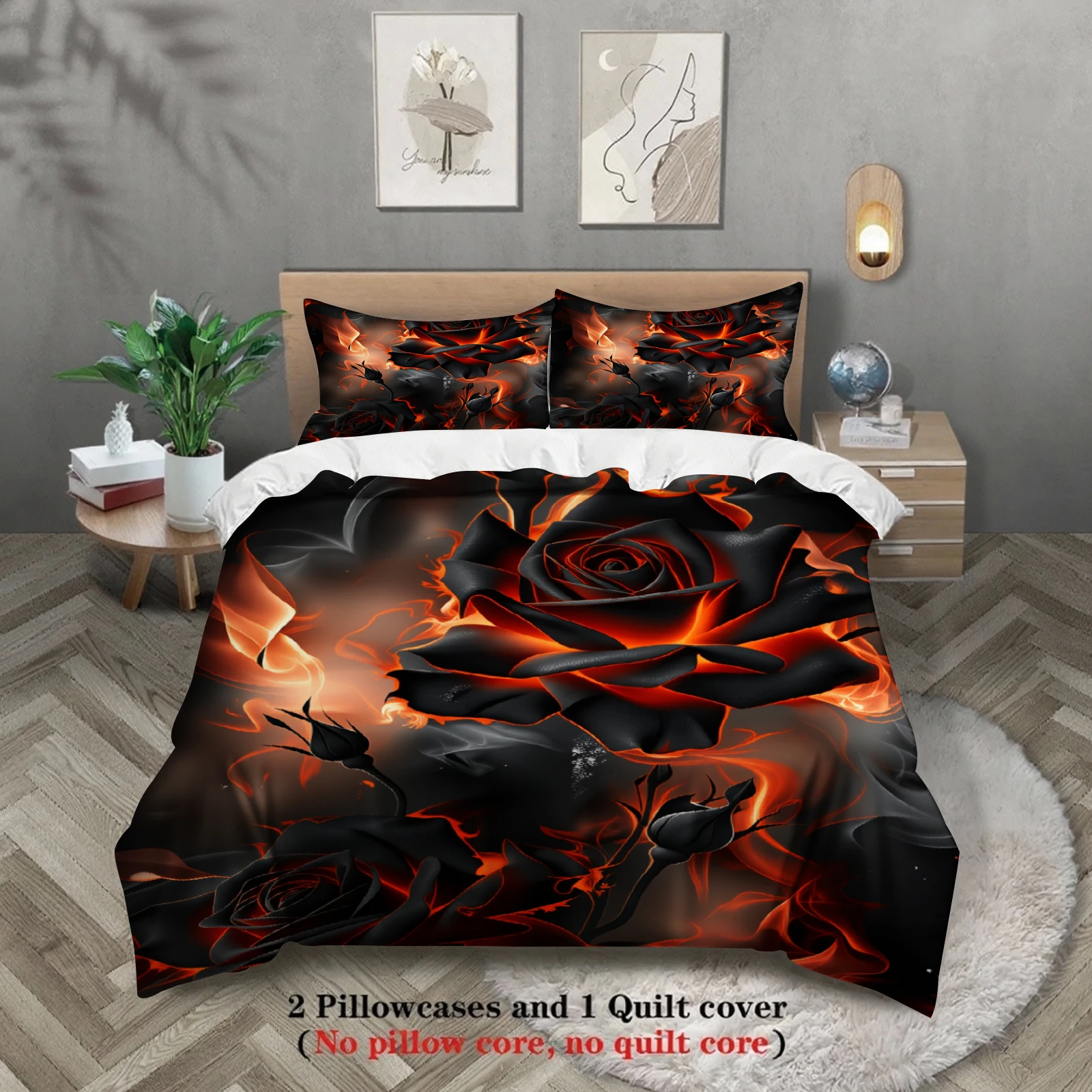 3pcs Black Rose Fire Bedding Sets 3D Printed Floral Pattern Duvet Cover Sets With Pillowcases No Filling