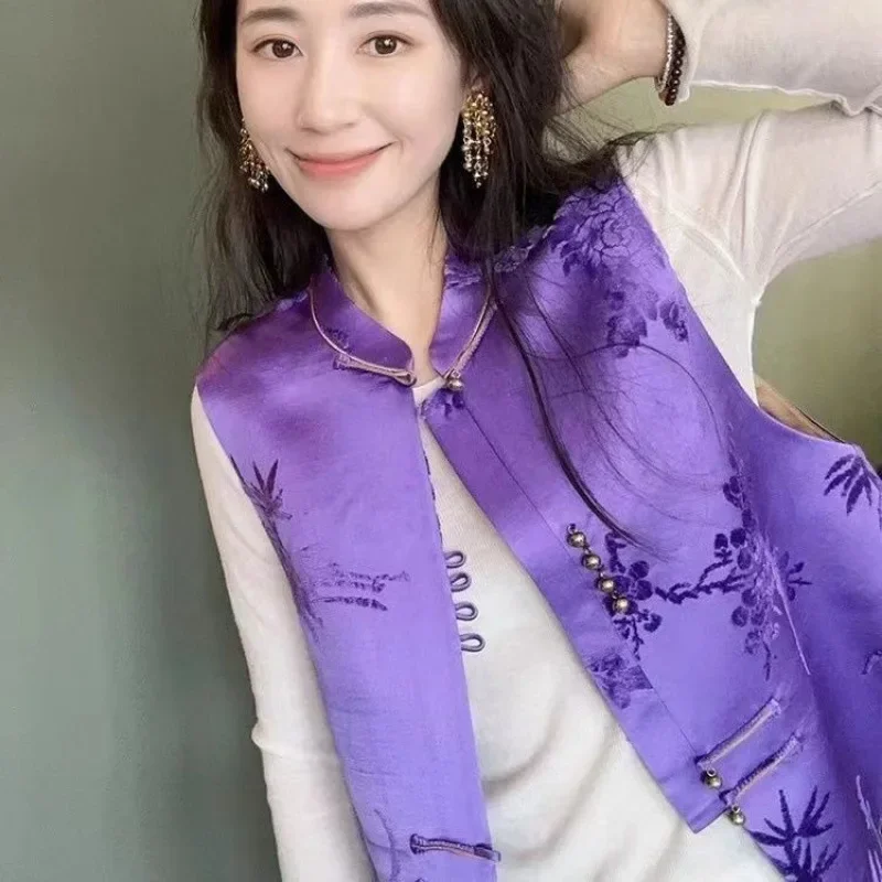 2024 Chinese chic new  stunning unique top purple buckle printed vest  jacket  long coats for winter for women