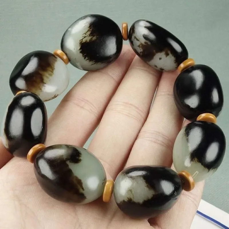 Xinjiang Hetian Jade Pebble Blue White Bracelet Rough Stone Original Leather Men's and Women's Black Leat