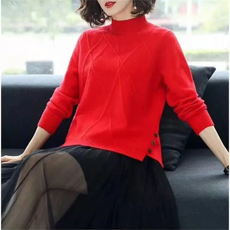 

Women's Clothing Autumn Winter Solid Color Pullover Long Sleeve Half High Collar Sweater Knitted Casual Screw Thread Tops XQ277