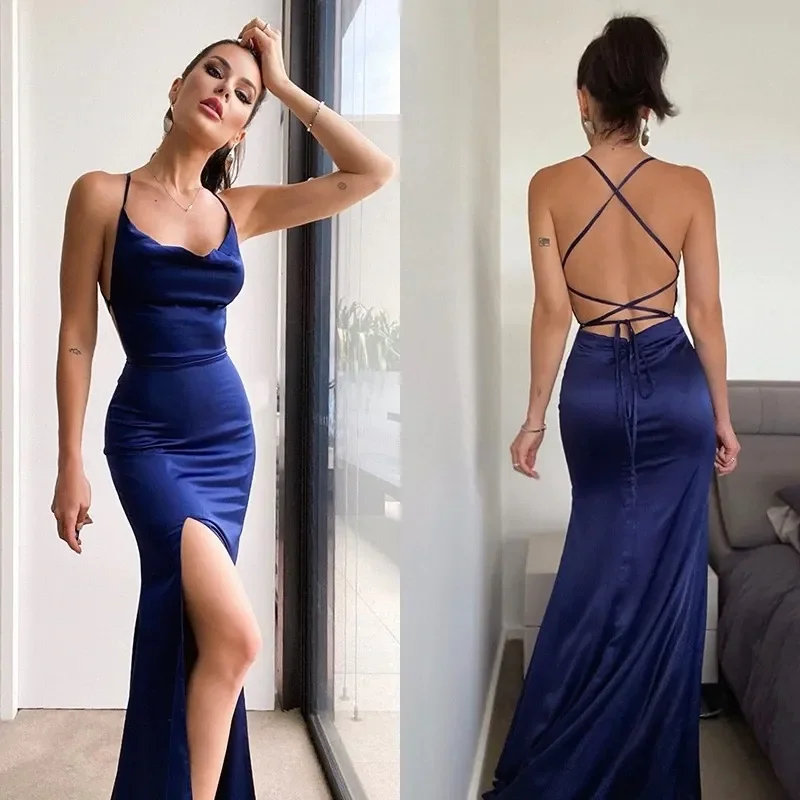 

2024 Silk like Satin Sexy Backless Ruched Sleeveless Halter Evening Gowns Long Bridesmaid Maid Of Honor Dress