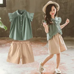 2024 new teenager Summer Kids Girls clothes Flying Sleeve blouse Shirt + short Leisure loose Pants teens 7 8 9 11 12 13 14 years