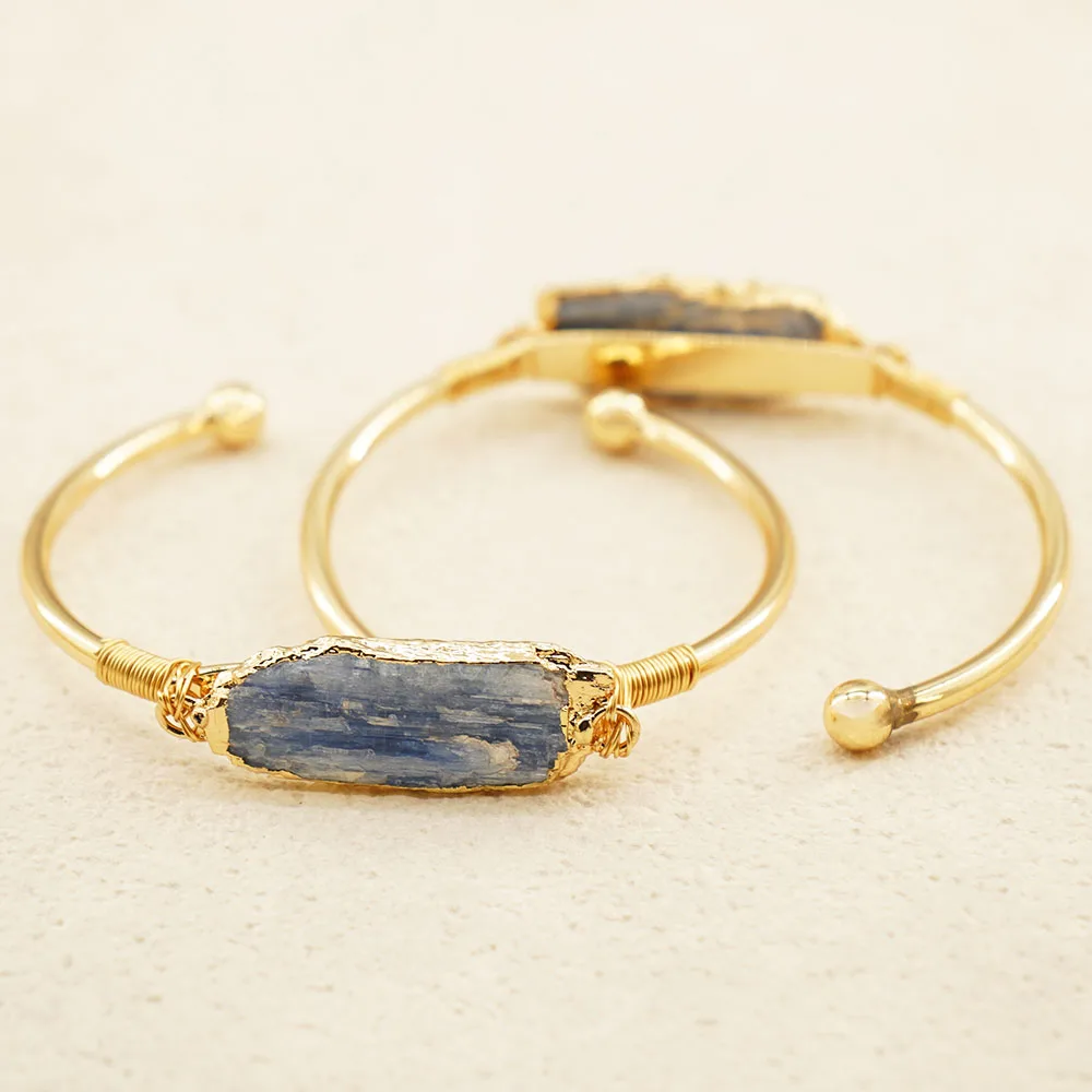 Irregular kyanite Open Cuff Bangle for Women Girls Handmade Wire Wrapped Adjustable Raw Blue Stone Bracelets Party Gift