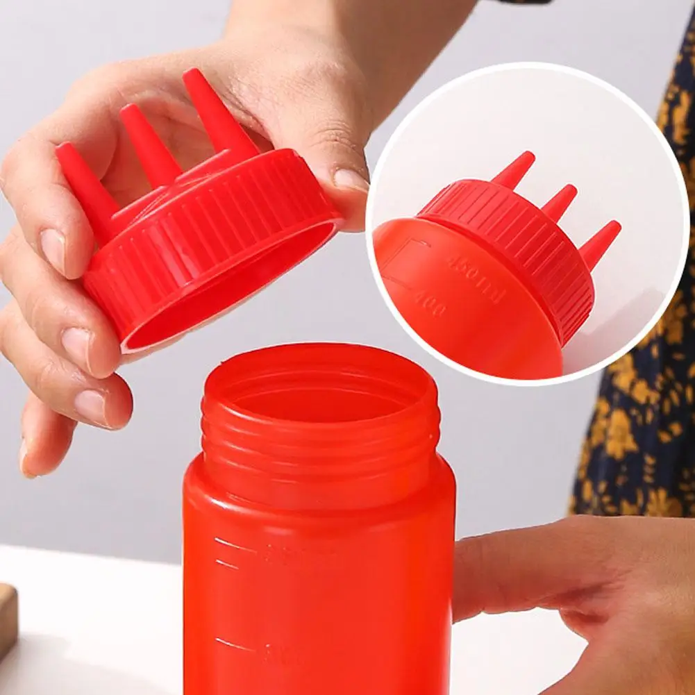 3 Holes Twist Cap Squeeze Bottle Food Grade Plastic Ketchup Mustard Mayo Sauce Olive Oil Bottle Kitchen Tool 12oz Squeeze Bottle