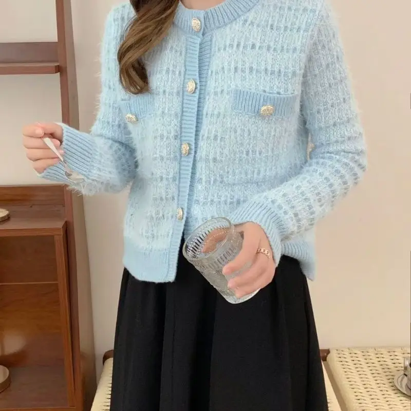 Women's Spring Autumn Temperament Blended Brilliant Silk Knitted Cardigan French Small Fragrance Reduced Age Short Sleeve Top