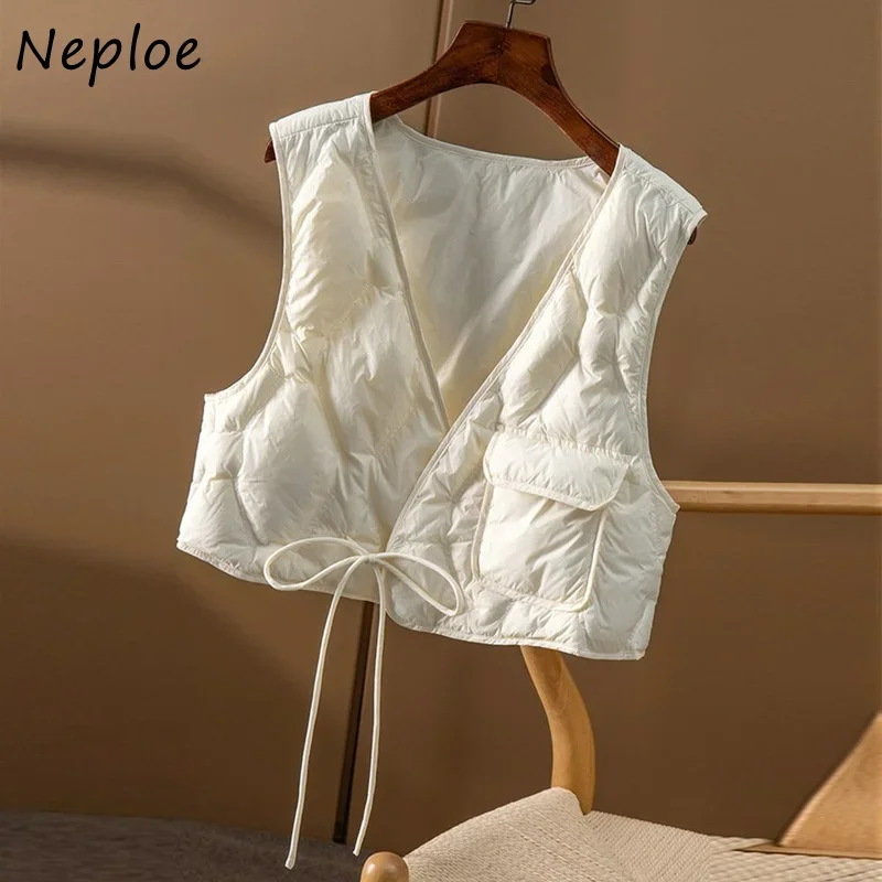 Neploe Cropped Women\'s Waistcoat Fashion Drawstring Solid Color Cotton Waistcoats Sleeveless Outerwear Winter Vest Jacket Female