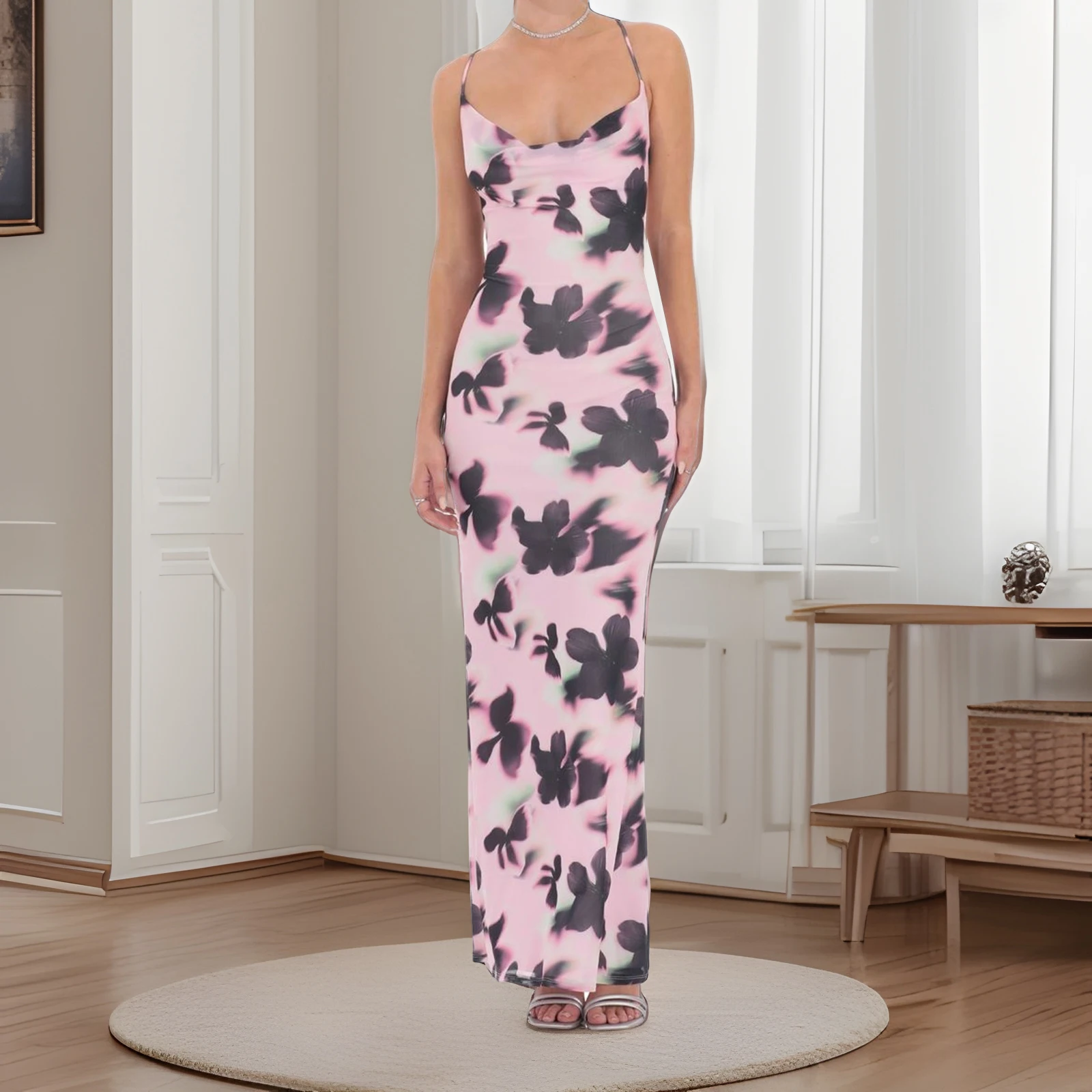 Nuevo vestido camisola con estampado Floral de verano para mujer, sin mangas, con tirantes finos, cuello vuelto, espalda cruzada, vestido largo ajustado S M L