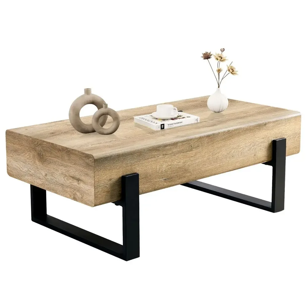 

Rectangle Coffee Table, Wood Coffee Table Center Table with 7.8 Thick Tabletop Metal Legs Rounded Corners for Living Room Offic