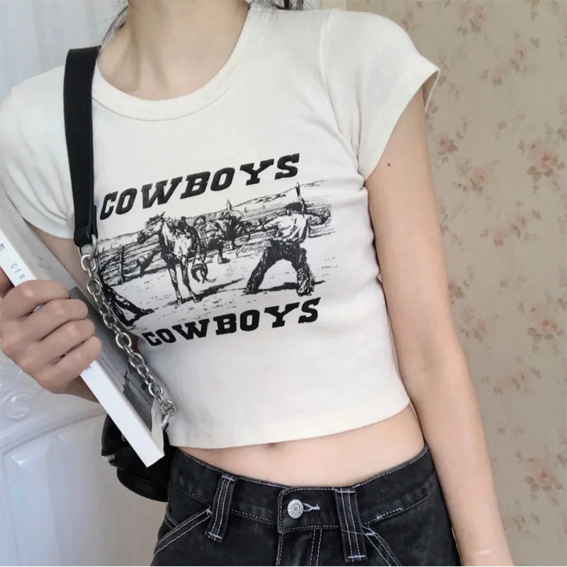 Y2K خمر الجرونج الكرتون رسالة مطبوعة الطفل تيز المرأة الصيف موضة قصيرة الأكمام عادية سليم المحاصيل القمم تي شيرت الشارع الشهير