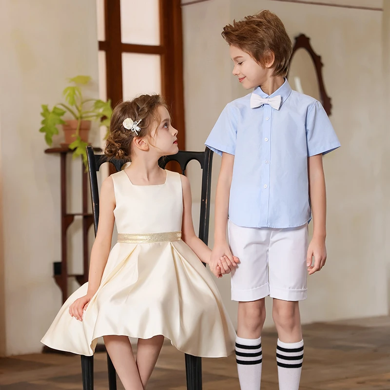 

Kids Formal Shirt Shorts with Bow Outfit for Boy Performance Dress For Girls Elegant Wedding Party Clothing Flower Child Costume
