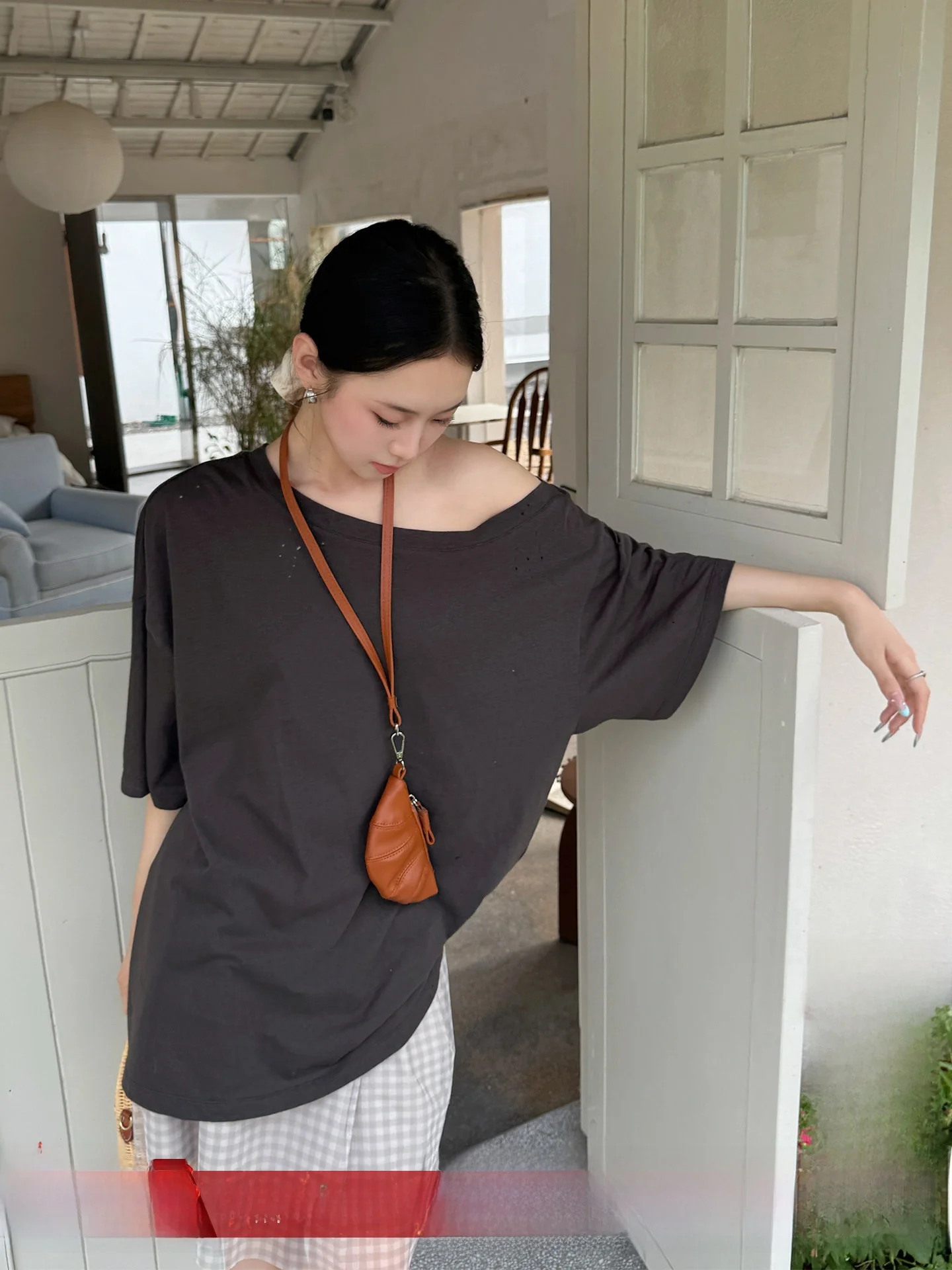 

Brand Off-oulder Knitted T-irt Wearable Event Sli Print Casual Commute Loose Fit Cotton Summer Sve Length