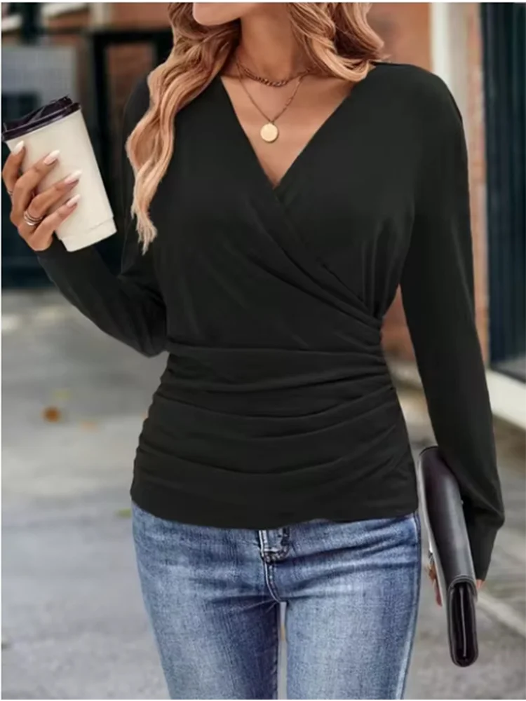 New Casual V-neck Long Sleeved Pleated T-shirt Women's Solid Color Fashion Dating Autumn Elegant Top