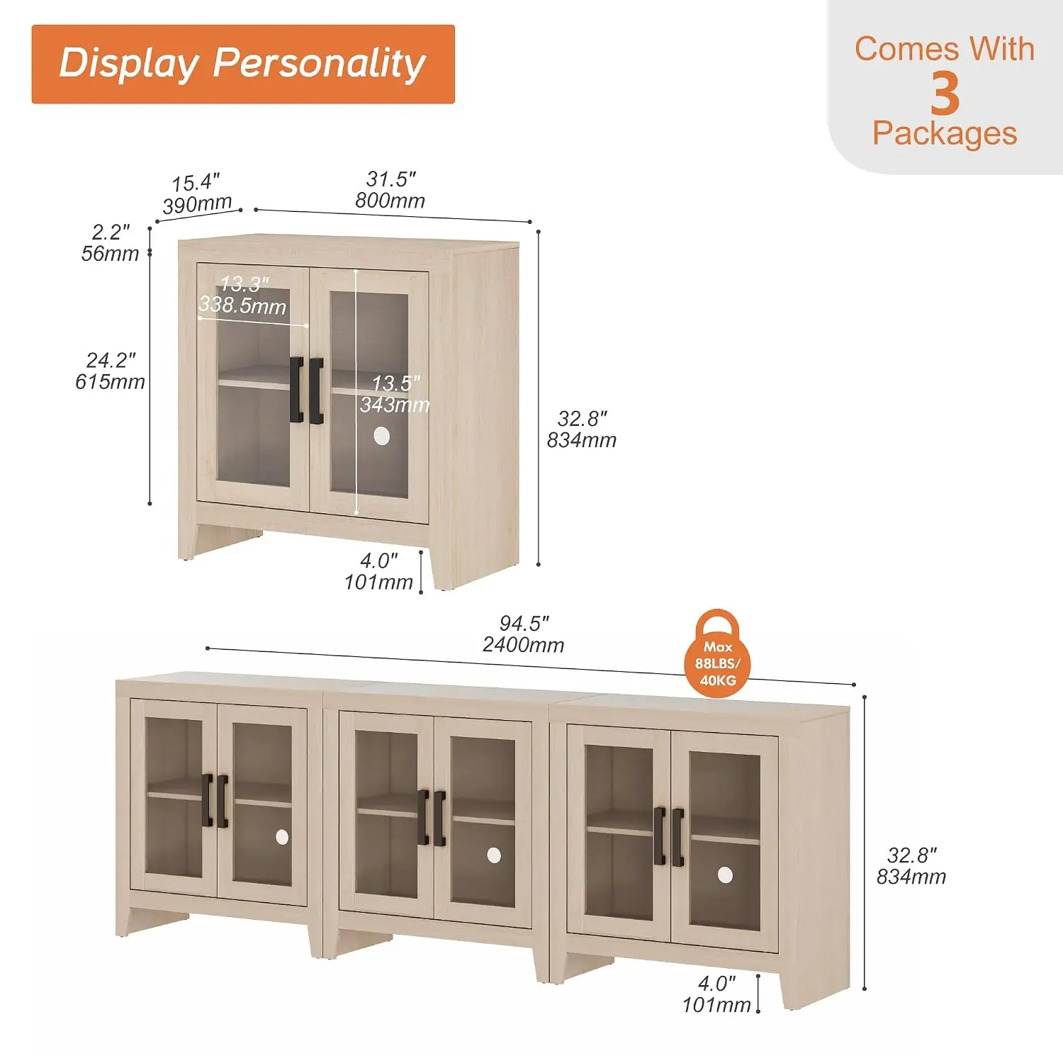 Rustic Wood TV Stand Entertainment Center with Adjustable Shelf Glass Doors Storage for Living Room Bedroom 85