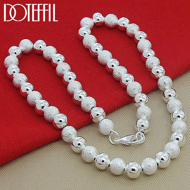 DOTEFFIL 925 Sterling Silver 8mm Matte Smooth Bead Ball Chain Necklace For Woman Man Wedding Engagement Party Jewelry