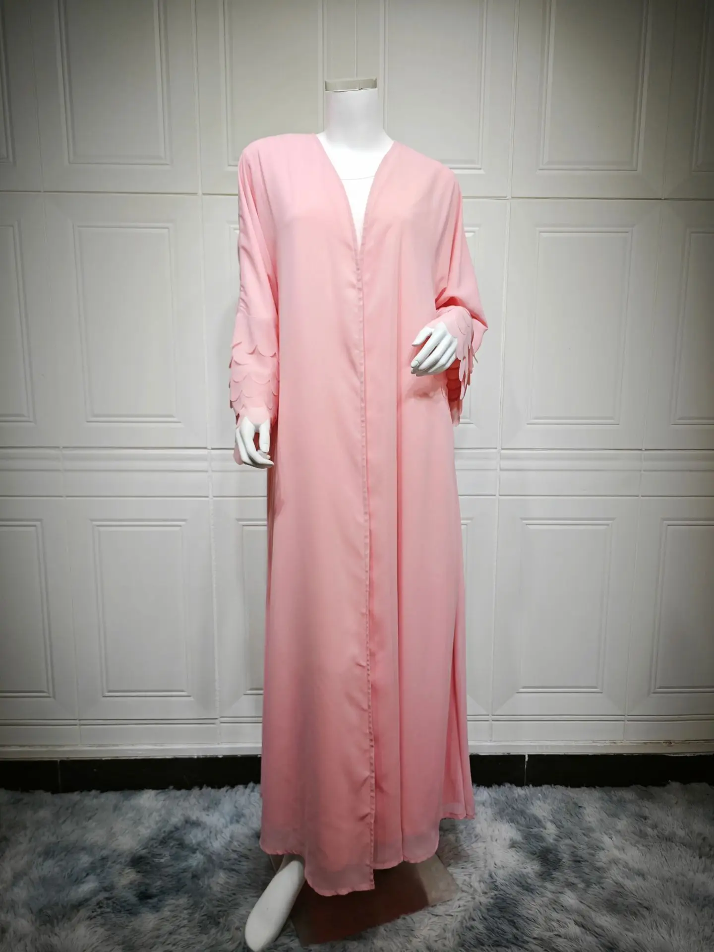 

Uni Muslim Fashion Dubai Women Pink Chiffon with Hijab Open Kimono Abaya Saudi Moroccan Kaftan Elegant Party Turkish Arab Robe